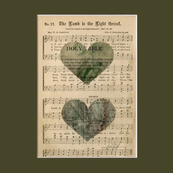 Original Heart collage on antique hymn book pages from the 1800's